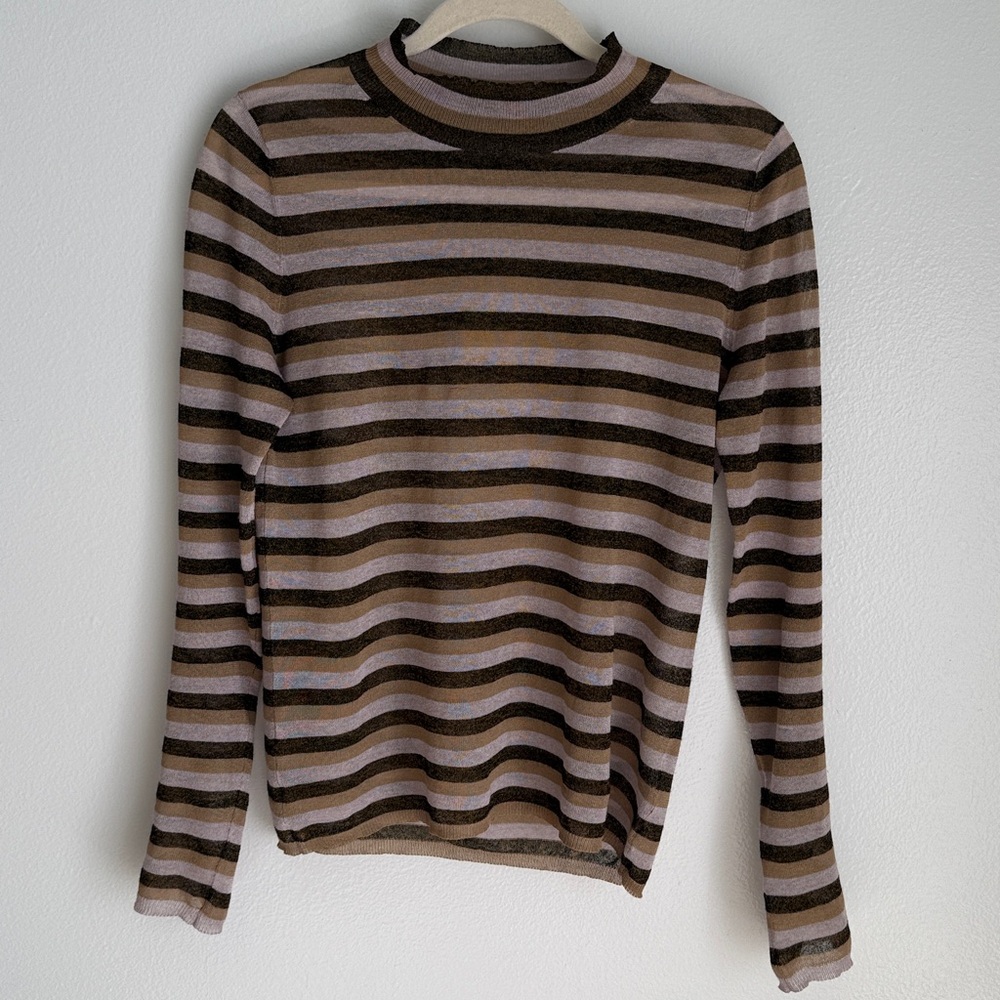Pari Desai Metallic Raz Striped Long Sleeve Top, Brown and Cream, Medium